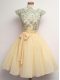 New Style Champagne Lace Up Scalloped Lace and Belt Bridesmaid Dresses Chiffon Cap Sleeves