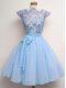 Chiffon Scalloped Cap Sleeves Lace Up Lace and Belt Damas Dress in Blue