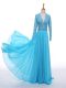 Super Baby Blue Evening Dresses Prom and Party and Military Ball with Lace and Appliques V-neck Long Sleeves Zipper