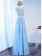 Baby Blue Evening Dress Prom and Party with Beading and Lace and Appliques and Belt Scoop Sleeveless Zipper