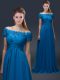 Royal Blue Empire Chiffon Off The Shoulder Short Sleeves Appliques Floor Length Lace Up Mother of Groom Dress
