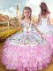 Rose Pink Sleeveless Floor Length Embroidery and Ruffled Layers Lace Up Little Girl Pageant Gowns