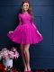 Fuchsia Lace Up Wedding Party Dress Beading and Lace and Appliques 3 4 Length Sleeve Mini Length