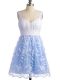 Shining Light Blue Lace Lace Up Wedding Guest Dresses Sleeveless Knee Length Lace