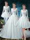 Deluxe White Wedding Gown V-neck 3 4 Length Sleeve Court Train Lace Up
