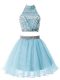 Light Blue Organza Zipper Bridesmaids Dress Sleeveless Knee Length Beading