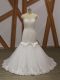 Edgy Cap Sleeves Tulle Brush Train Lace Up Wedding Dresses in White with Beading and Appliques