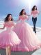 Noble Baby Pink Ball Gowns Tulle Off The Shoulder Sleeveless Hand Made Flower Lace Up Sweet 16 Quinceanera Dress Brush Train
