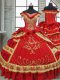 Latest Satin and Taffeta Off The Shoulder Cap Sleeves Zipper Beading and Embroidery and Ruffled Layers Sweet 16 Dress in Red