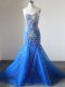 Exceptional Sleeveless Tulle Brush Train Zipper Going Out Dresses in Royal Blue with Beading