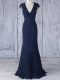 Navy Blue Chiffon Side Zipper V-neck Cap Sleeves Floor Length Quinceanera Dama Dress Lace
