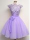 Lavender Damas Dress Prom and Party and Wedding Party with Lace and Belt Scalloped Cap Sleeves Lace Up