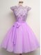 Stunning Lilac Scalloped Lace Up Lace and Belt Bridesmaid Dress Cap Sleeves