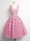 Elegant Pink Lace Up Wedding Guest Dresses Lace Sleeveless Knee Length