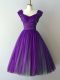 Adorable Purple A-line Chiffon V-neck Cap Sleeves Ruching Knee Length Lace Up Wedding Guest Dresses