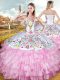 Rose Pink Ball Gowns Sweetheart Sleeveless Organza and Taffeta Floor Length Lace Up Embroidery and Ruffled Layers 15th Birthday Dress