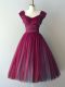 Popular Burgundy Wedding Party Dress Prom and Party and Wedding Party with Ruching V-neck Cap Sleeves Lace Up