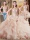 Peach Quinceanera Gown Military Ball and Sweet 16 and Quinceanera with Beading and Ruffles Scoop Sleeveless Brush Train Lace Up