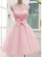 Simple Knee Length Baby Pink Wedding Party Dress Scoop Sleeveless Lace Up