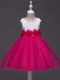 Super Hot Pink Ball Gowns Scoop Sleeveless Tulle Knee Length Zipper Lace and Hand Made Flower Little Girl Pageant Gowns