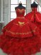 Dramatic Wine Red Ball Gowns Beading and Embroidery and Ruffles Quinceanera Dresses Lace Up Satin and Organza Sleeveless