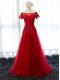 Wine Red Short Sleeves Tulle Lace Up Prom Gown for Prom and Party and Military Ball and Sweet 16