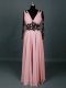 Delicate Pink Empire V-neck Long Sleeves Chiffon Floor Length Zipper Lace and Appliques Mother Of The Bride Dress
