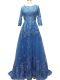 Cute Blue Scalloped Neckline Lace and Appliques Red Carpet Gowns 3 4 Length Sleeve Zipper