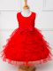 Tea Length Zipper Flower Girl Dresses Red for Wedding Party with Ruffled Layers and Bowknot