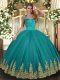 Tulle Halter Top Sleeveless Lace Up Appliques Vestidos de Quinceanera in Turquoise