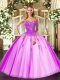 Latest Fuchsia Ball Gowns Beading Quinceanera Dress Lace Up Tulle Sleeveless