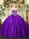 Purple Ball Gowns Sweetheart Sleeveless Satin Floor Length Lace Up Beading Quince Ball Gowns