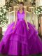 Luxurious Fuchsia Ball Gowns Ruffled Layers Quinceanera Dress Lace Up Tulle Sleeveless Floor Length