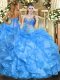 Custom Made Baby Blue Sleeveless Floor Length Beading and Ruffles Lace Up Quinceanera Gowns