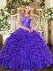 Blue Ball Gowns Scoop Sleeveless Tulle Floor Length Lace Up Beading and Ruffles Quinceanera Dresses