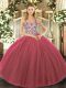 Admirable Tulle Straps Sleeveless Lace Up Beading and Appliques Sweet 16 Quinceanera Dress in Fuchsia