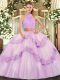Low Price Floor Length Lilac Vestidos de Quinceanera Tulle Sleeveless Beading and Appliques and Ruffles