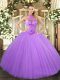 Lavender Ball Gowns Beading and Embroidery Sweet 16 Dresses Lace Up Tulle Sleeveless Floor Length