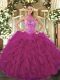 Designer Fuchsia Organza Lace Up Quinceanera Gowns Sleeveless Floor Length Beading and Embroidery and Ruffles