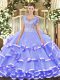 High Class Scoop Sleeveless Quinceanera Gowns Floor Length Beading and Ruffled Layers Lavender Lace