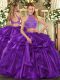 Eggplant Purple Criss Cross Halter Top Beading and Ruffled Layers Sweet 16 Dress Organza Sleeveless