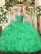 V-neck Sleeveless Lace Up Quinceanera Dress Green Organza