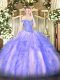 Floor Length Lace Up Quinceanera Gowns Lavender for Military Ball and Sweet 16 and Quinceanera with Beading and Ruffles