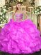 Sleeveless Floor Length Beading and Ruffles Lace Up 15 Quinceanera Dress with Fuchsia