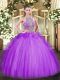 Luxurious Lavender Halter Top Lace Up Beading and Ruffles Quinceanera Dresses Sleeveless