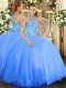Blue Lace Up Halter Top Embroidery Sweet 16 Dresses Tulle Sleeveless