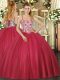 Sleeveless Tulle Floor Length Lace Up Ball Gown Prom Dress in Coral Red with Beading and Appliques