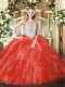 Coral Red Scoop Zipper Beading and Ruffles Quinceanera Dresses Sleeveless