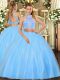Exceptional Aqua Blue Sleeveless Floor Length Beading Criss Cross Ball Gown Prom Dress