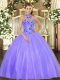 Tulle Halter Top Sleeveless Lace Up Embroidery Sweet 16 Quinceanera Dress in Lavender
